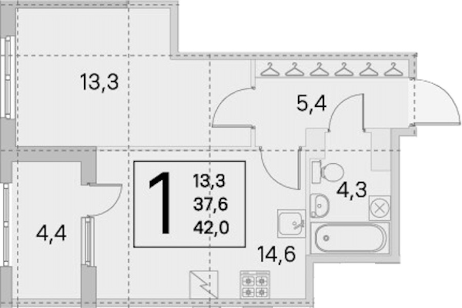 1-комнатная квартира 37.6 м², 2/5 эт., ЖК «ЮгТаун. Олимпийские кварталы»